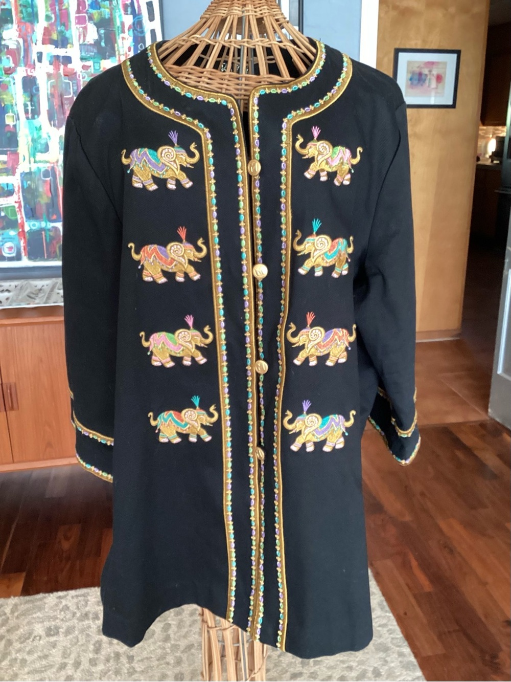 Vintage Bob Mackie Black Embroidered Elephant Coat with Multicolor Accents
